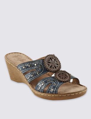 Leather Whipstitch H Band Wedge Sandals